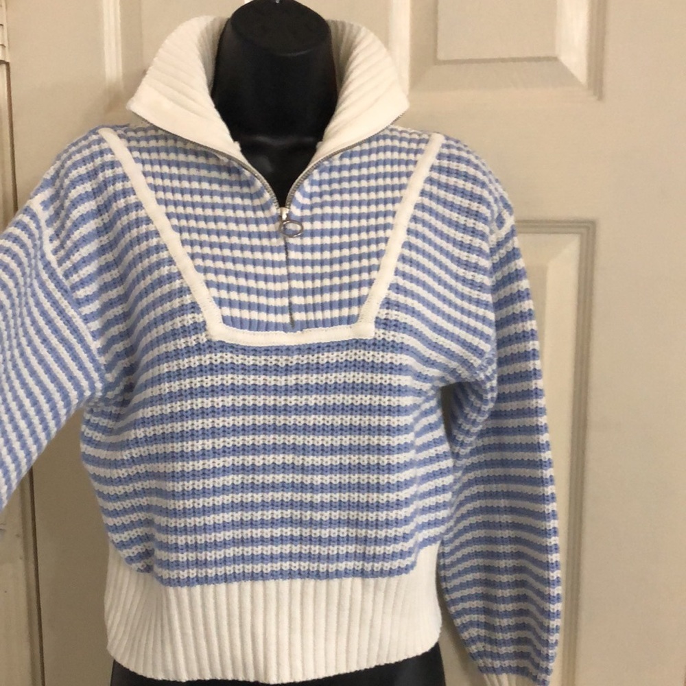 Jessica Simpson blue ecru stripe henley style quarter zipup sweater size medium - Picture 6 of 15